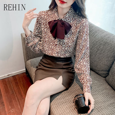REHIN Women S Top Bow Tie Collar Long Sleeve Shirt New Fashion Print Plaid Niche Elegant Blouse