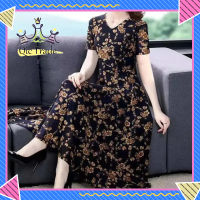 【จัดส่งที่รวดเร็ว✨】Women Dress Retro Floral Printing V-neck Short Sleeve Waist Fit Midi Dress Spring And Summer Fashion Skirt Clothing