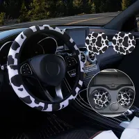 Cow Steering Wheel Cover for Women with 2PCS Car Coasters, Cow Print Non-Slip Suitable for Girls