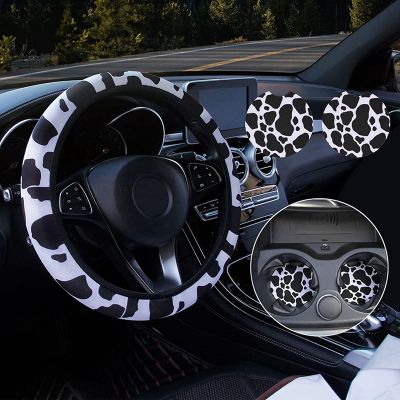 Cow Steering Wheel Cover for Women with 2PCS Car Coasters, Universal Cow Print Suitable for Girls