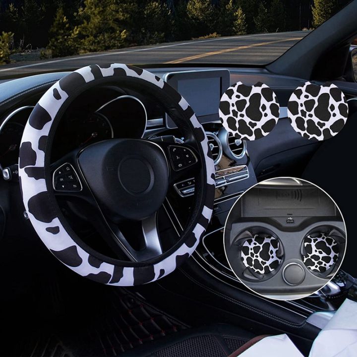 cow-steering-wheel-cover-for-women-with-2pcs-car-coasters-universal-fashion-suitable-for-girls