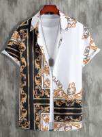 Men Random Baroque And Scarf Print Button Up Shirt Without Tee