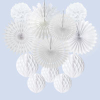 12pcs White Wedding Paper Decoration Tissue Paper Honeycomb Balls Hanging Pom Poms Paper Fans for Bridal Shower Party Decor