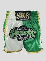 กางเกงมวย SKS Empire กางเกงนักมวย กางเกงชกมวย มวยไทย Retro Muaythai Thai Shorts (Thai Graphic Rim)-(White-Green)