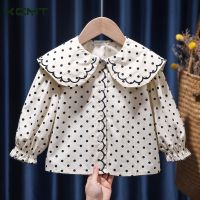 Spot parcel post Girls Spring Autumn Blouse 2022 New Style Baby Western Style Polka Dot Doll Collar Loose Long Sleeve Korean Casual Top Trendy