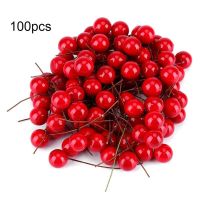 100 Pcs Christmas Tree Cherry Artificial Holly Berry Wreaths Red Flower Pearl Home Garden Party Decorations Birthday Gifts