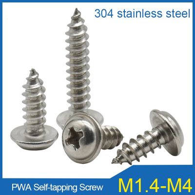 50PCS PWA Self tapping Screw M1.4 M1.7 M2 M2.6 M3 M3.5 M4 304 Stainless Steel Cross Round Pan Head with Washer Collar Wood Screw