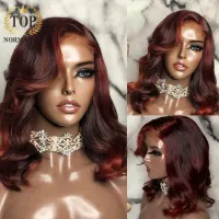 Topnormantic Highlight Colored 13x4 Lace Front Body Wave Wigs Preplucked Remy Human Hair Deep Red Color Wig For Women