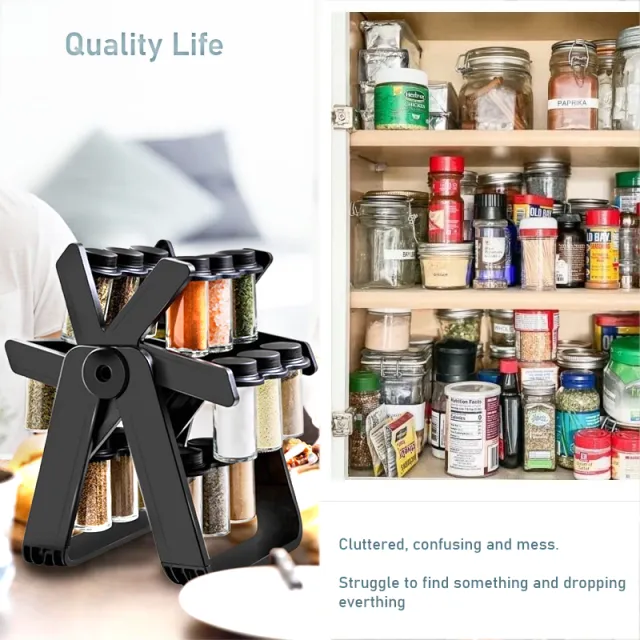18 IN 1 Rotating Spice Tower Rack Glass Bottle Organiser Salt Storage Jar Condiment Canister Kitchen Tools