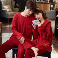 Primavera Outono De Malha Pj Vermelho Casamento Casal Pijama Conjuntos Combinando Dormir Loungewear O Pescoço Pijamas Ternos Pijamas Dos Homens