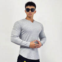 （Ready Stock）? Autumn 23 Mens Muscle Sports Fitness Semi-Tight Long Sleeve Training Elastic Running Striped Sports Solid Color T-Shirt YY