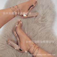 women sandals PU Lace Up Thick High Heels Round Toe waterproof Shallow Rhinestones sandalias mujer 2020 women shoes size 35-42