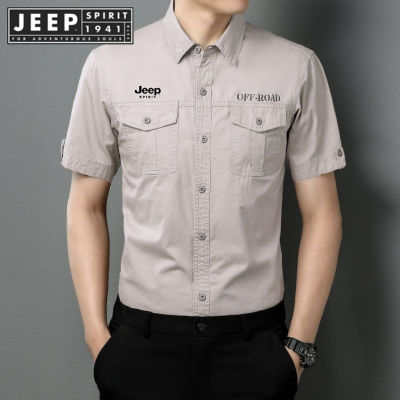 JEEP SPIRIT 1941 ESTD Top Simple Short Sleeve Shirt Mens Loose Work Shirt Casual Polo Collar Cotton Shirt vnb