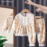 ❁ n4rn Conjunto pijama coreano de algodão para meninas tops e calças florais Broder infantil bebês 2PCs primavera outono 2023