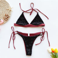 SINO.TREND New Sexy  Shiny Sequins Bikini Set Female Halter Swimsuit Women Two-pieces Swimwear Patchwork Bather Bathing Suit