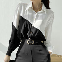 Nomikuma Elegant Black White Hit Color Patchwork Blouse Shirt Korean Turn-dwn Collar Long Sleeve Blusas 2021 New Women Top 6X705