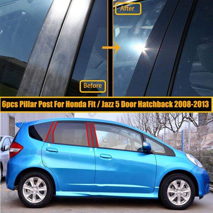 6ชิ้น-ชุดสำหรับฮอนด้าฟิต-jazz-hatchback-5ประตู2008-2009-2010-2012-2013ประตูโพสต์เสาหน้าต่างประตูมีดแต่งขอบฝาครอบสติ๊กเกอร์ติดผนัง