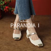 PARANOIA  I   ผู้หญิงรองเท้าเดียวหัวตารางส้นหนารองเท้าส้นสูงแมรี่เจนฝรั่งเศสด้านย้อนยุคที่ว่างเปล่าคำเข็มขัดรองเท้าผู้หญิง