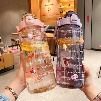 ▽₪❐ Portable Straw Travel Jug bottles 2L Water Bottle for girls Fitness Bike Cup Summer Cold outdoor water bottle with Time Marker