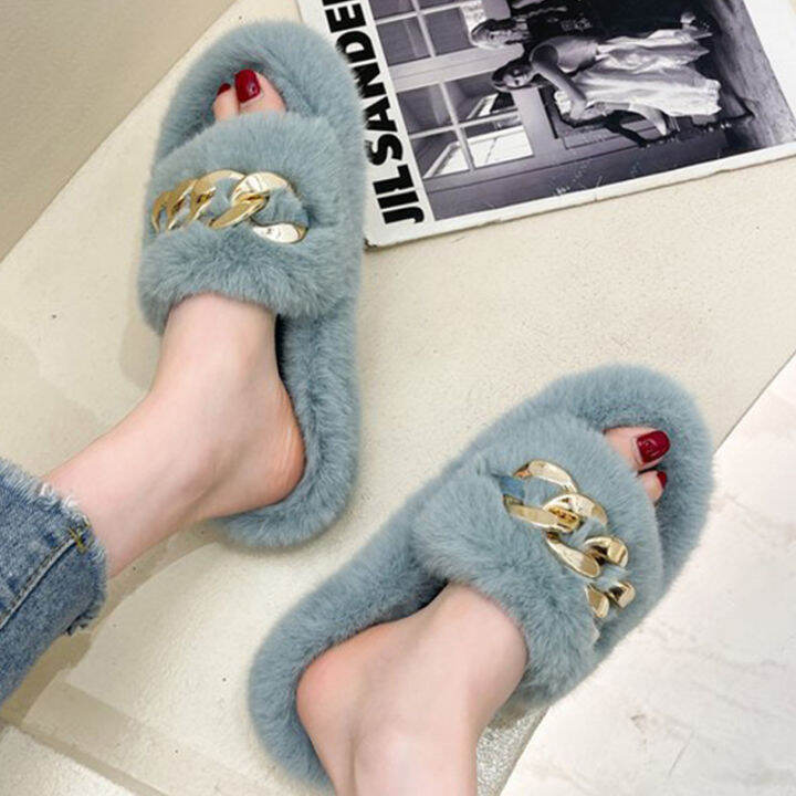 summer-fluffy-women-slippers-gold-chain-fur-slippers-shoes-women-fox-fur-flip-flop-flat-furry-fur-slides-outdoor-sandals-woman