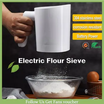 Battery Operated Electric Flour Sifter For Baking - 4 Cup Capacity -  Washable Bowl Easy to Clean - Fine Stainless Steel Mesh Sieve - Ergonomical