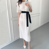 Korean Chic Women Dress Office Ladies Casual Pleated Short Sleeve Dresses Bandage Lacing Bow OL Vestidos Femme Elegante