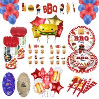 【LZ】♠✕✉  BBQ Theme Party Louça descartável Pratos de papel Copos Balões Set Decoração de aniversário Cerveja Lagosta Churrasco ao ar livre Suprimentos