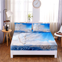 White Trees Digital Printed 3pc Polyester Fitted Sheet Mattress Cover Four Corners with Elastic Band Bed Sheet Pillowcases