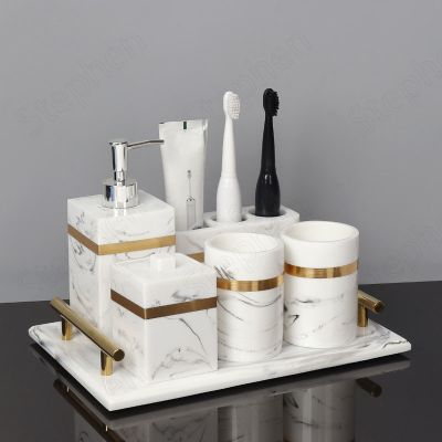 【jw】◈✙◊  Textura de mármore resina acessórios decoração do banheiro europeu moderno ouro curso cinco peças chuveiro para