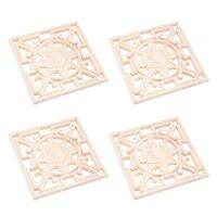 4Pcs Square Wood Carved Applique Hollow Flower Unpainted Onlay Furniture Home Decoration for Wall Door Decoration