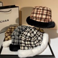 {Hat Shop} หมวกแฟชั่นพันเกาะตรวจสอบหมวกฤดูใบไม้ร่วงและฤดูหนาวหมวกบักเก็ตกลางแจ้งหนา Fedora หมวกหมวกสำหรับผู้หญิงเย็น