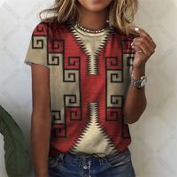 Ethnic Aztec Pattern Womens Fashion T-shirts Summer Casual Boho Crewneck Outdoor Short Sleeve Tops Girls Loose Oversized Tees