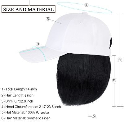 Shangzi วิกผมเบสบอลหยักสั้นสังเคราะห์วิกผมบ๊อบธรรมชาติสีดำ ขาวหมวกวิกผมหมวกที่มีผมธรรมชาติเชื่อมต่อหมวกเบสบอล