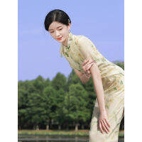 2022 Light Yellow Cheongsam แขนสั้น Soft Floral Dress Slim ชุดแต่งงานแฟชั่น Qipao S To XXL