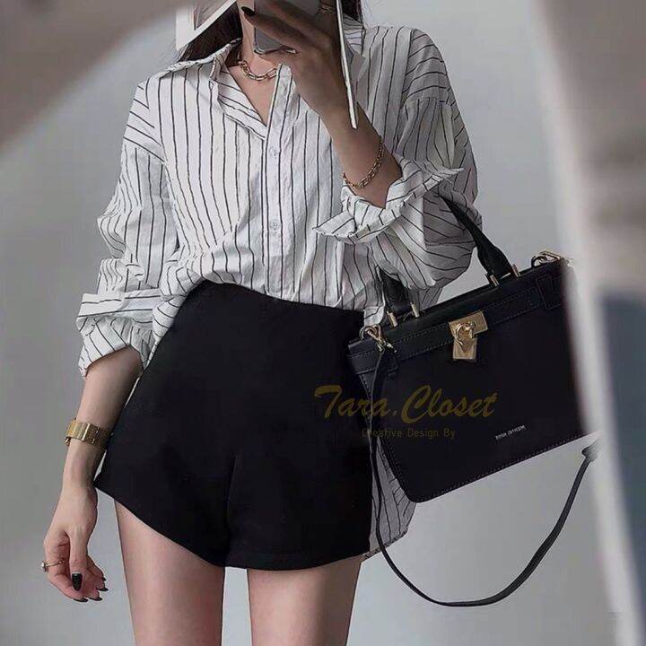 pw001-tara-short-กางเกงขาสั้น-เอวสูง-มีขอบเอว-ตีเกร็ดหน้า-ไม่มีกระเป๋าข้าง-เนื้อผ้าวูลเวฟ-ผ้ายืด-ใส่สบาย