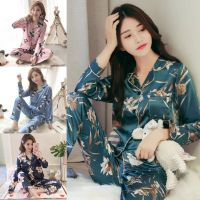 M-5XL Long Sleeve Plus Size Pyjamas Women Silk Sleepwear Satin Set Champagne feather Sleepwear Pajamas Suit Buja Tidur Wanita Perempuan Nightwear