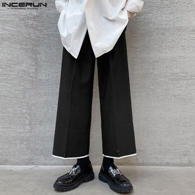 INCERUN กางเกงขายาวลำลองสำหรับผู้ชายกางเกงขายาวแบบหลวมวินเทจขากว้างพื้นสีเรียบ (สไตล์เกาหลี)