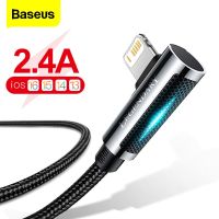 สาย USB Baseus สำหรับ14 13 12 11 Pro Max XS XR 90องศา LED สายชาร์จเร็วสำหรับ X สายสายรับส่งข้อมูลเกม