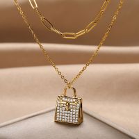 Delicate Bag Pendant Necklace For Women Double Chain Choker Crystal Encrusted Handbag Copper Pendant Ladies Favorite Bag Jewelry