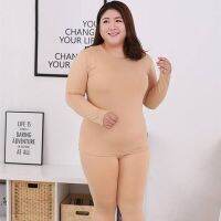 CHUIQISHOP ฤดูหนาวสีทึบผ้ากำมะหยี่ยาวกางเกงแขนยาวชุดชุดลองจอนชุดลองจอนคอกลมระบายความร้อนชุดชั้นในผู้หญิง