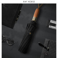 RAY HORSE 12K Pongee Cloth Wooden 3 Folding Sunny and Rainy Umbrella Men Women Gifts Rainproof