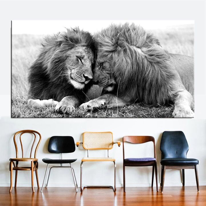 โปสเตอร์รูปสิงโตคู่สีขาวและดำโปสเตอร์ผ้าใบรูปสัตว์ป่าตกแต่งศิลปะบนผนังโปสเตอร์สำหรับห้องนั่งเล่นบ้าน