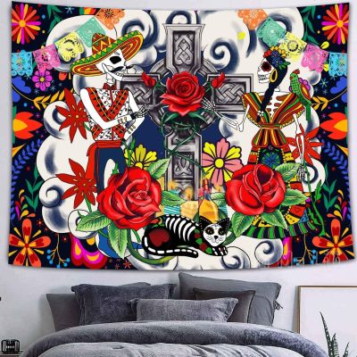 【cw】Mexican Day Of The Dead Tapestry Sugar Skull Set With Flower Skeletons And Wall Hanging Psychedelic Decor