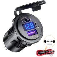 60W PD Type C/QC 3.0 USB Charger with button Switch LED Voltmeter Power Outlet Fast Charging for 12V 24V Car Truck Motorcycle RV Car Chargers