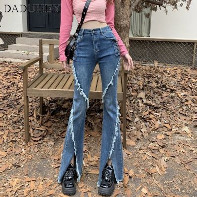 DaDuHey Womens New Korean Style Spring Irregular Slip Side Straps Jeans plus Size Fashion High Waist Fit Slimming Washed Casual Bootcut Pants