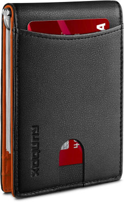 RUNBOX Mens Wallets Slim Rfid Money Clip Leather With Gift Box Oil Black n Orange-6 slots