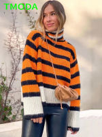 T MODA Za Autumn Winter Women Striped Pullovers Jumper Casual Oversize Orange Turtleneck Sweaters Femme Vintage Warm Sweater