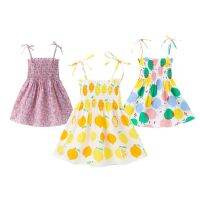 Infant Summer Slip Dress  Baby Girl Flower/Lemon/Apple Print Smocked Tie Up Spaghetti Strap Boat Neck Dresses  by Hs2023