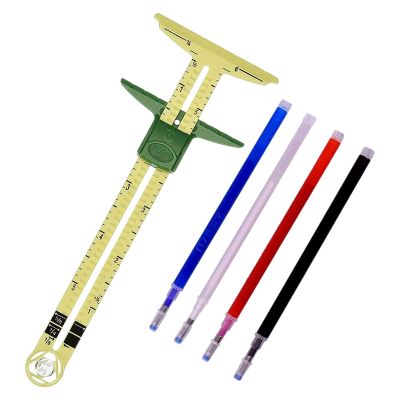 T-Shaped Sliding Gauge Sewing Measurement, Using 4 Colors of Fabric Thermal Erasing Pen, 5 in 1 Sewing Ruler Tool