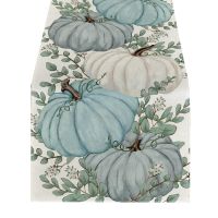 Fall Eucalyptus Leaves Pumpkins Table Runner, Autumn Thanksgiving Kitchen Dining Table Decoration for Indoor